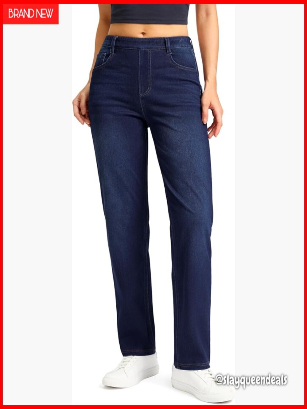 High Waisted Pull On Straight Leg Jeans Tummy Control Stretchy Denim Pants Women